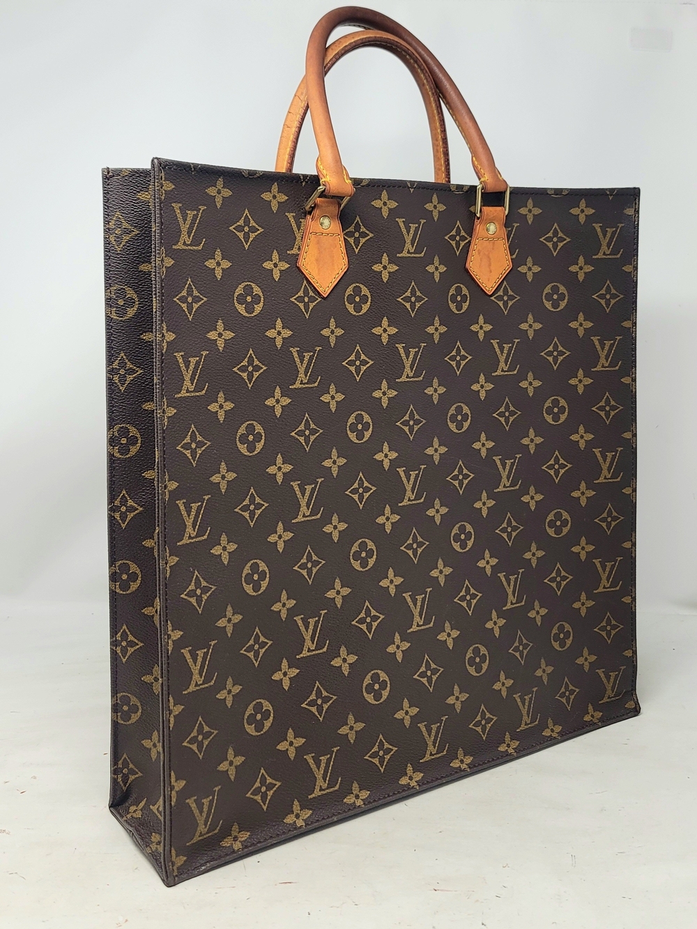 Louis Vuitton Sac Plat Monogram Canvas Leather Book Tote Bag Authentic MI1013